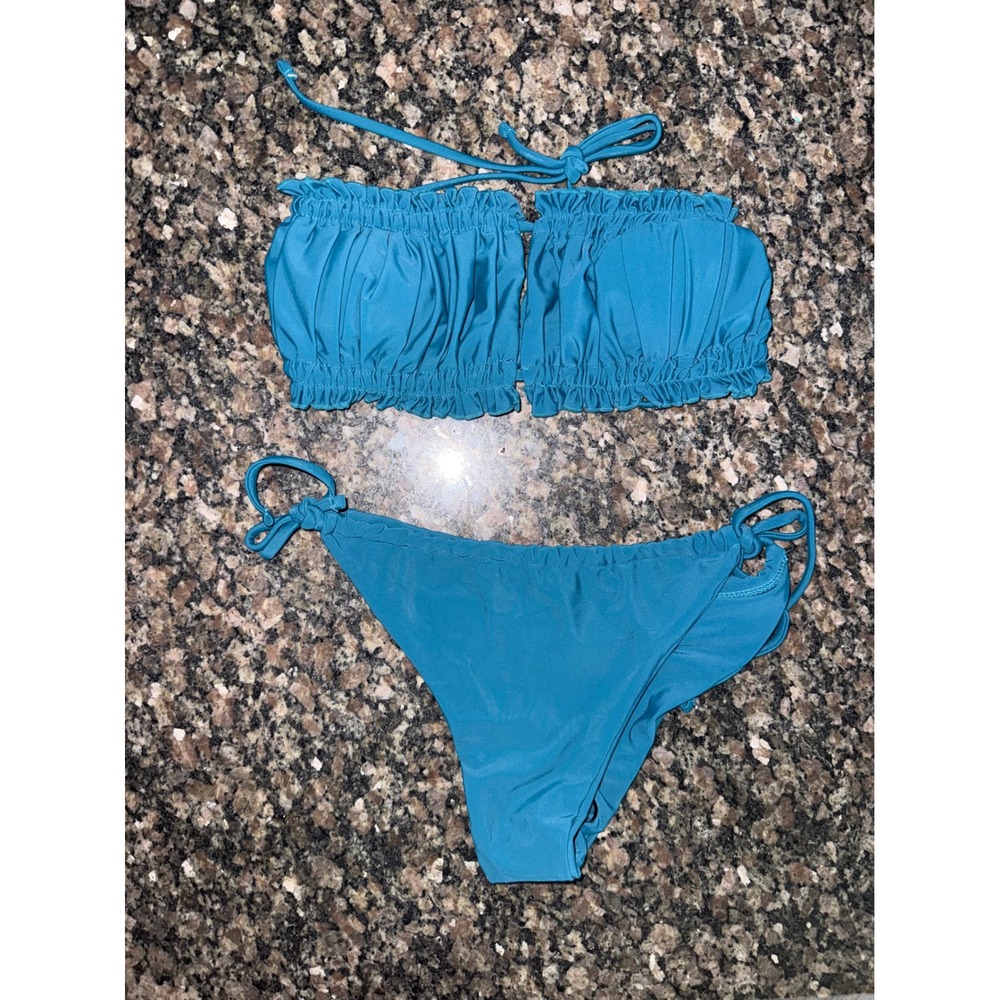 Teal Blue Ruffle Bandeau Bikini Set with Side Tie Bottoms Size M